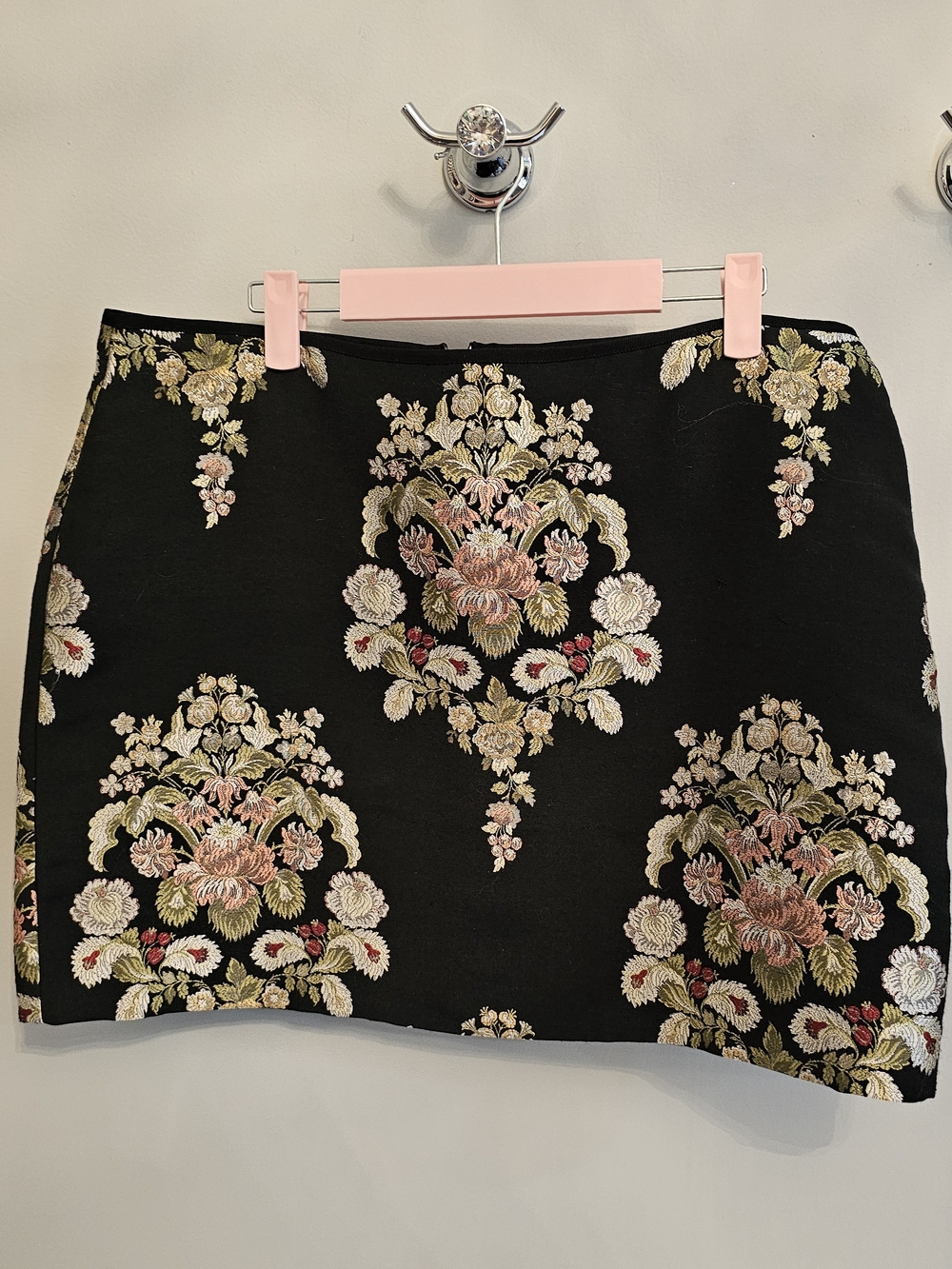Oasis Black Mini Skirt with Pink and Gold Floral Medallions